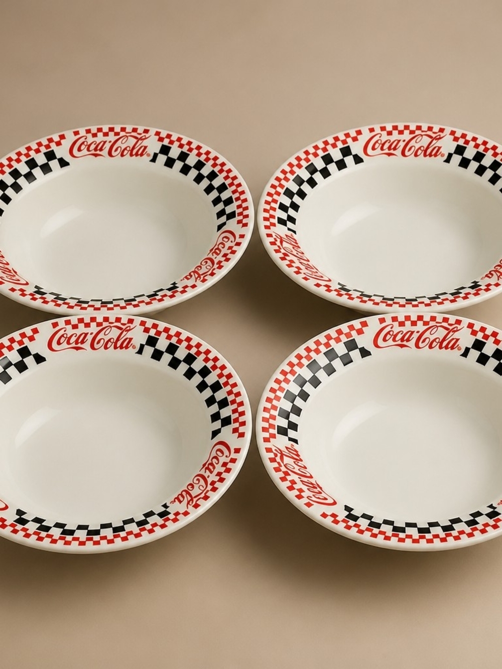 Set of 4 Gibson Coca-Cola 1996 8-inch Soup Salad Bowls Black Red White Checkered